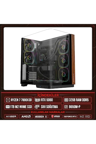 Xaser WOODEN X70 R7-7800X3D 32 GB 1 TB M.2 NVMe SSD 8 GB RTX5060 Free Dos Masaüstü Oyuncu Bilgisayarı
