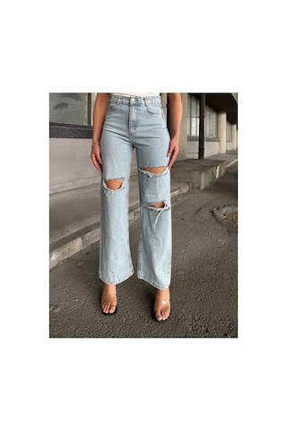 Kene Jeans Çift Diz Lazer Yırtık Buz Kar Bol Paça Jeans Buz Kar
