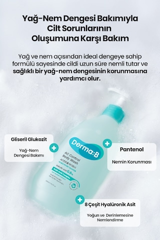 Akneye Eğilimli Ciltlere, Arındırıcı, Yağ-nem Dengesi Sunan Duş Jeli Derma:b Ac Control Body Wash Beyaz Sabun