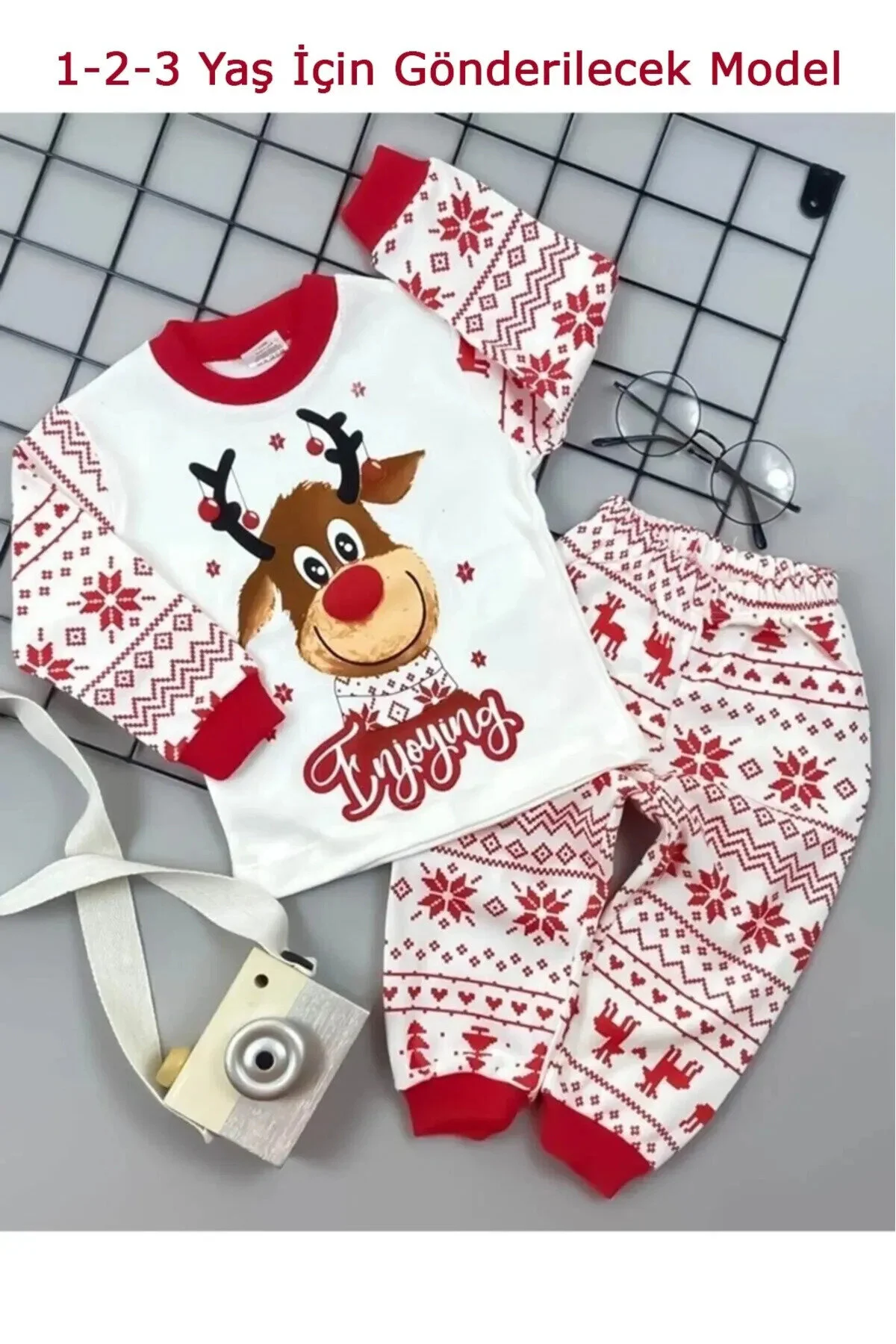 Bilge Trend Yılbaşı , Noel , Yeni Yıl Etnik Desen Geyikli %100 Pamuk Kız Erkek Çocuk Pijama Takım Dar Kalıptır Kırmızı - Beyaz