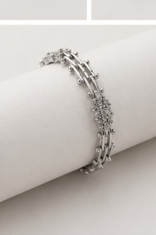 Balenbi Jewelry Kadın Taşlı Çiçek Detaylı Üç Sıralı Kararmaz Çelik Bileklik Gümüş 1151