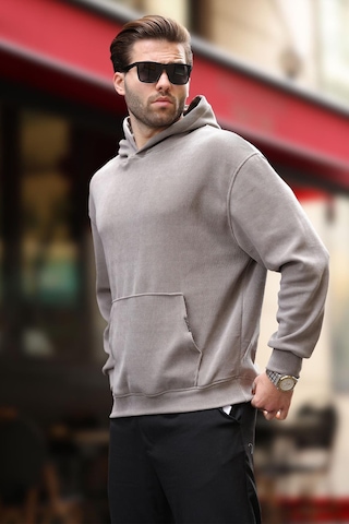 Madmext Gri Kapüşonlu Cep Detaylı Dokulu Sweatshirt E7101 Gri