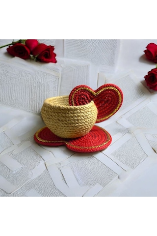 Sevgililer Günü Hediyesi, Kalpli Fincan Sepet, Dekoratif Sepet, Hediyelik Sepet, Dekor Sepet, Çok Amaçlı Sepet Kırmızı - Kahverengi
