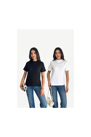 Fiolin Beyaz Ve Siyah Dik Yaka 2'li Paket Basic Örme T-shirt Siyah - Beyaz