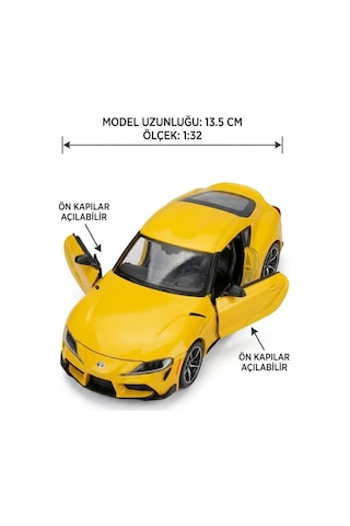 Hobbiez Lisanslı Toyota Gr Supra Kapıları Açılabilir Model Diecast 1/32 Ölçek Metal Standlı Araç Sarı