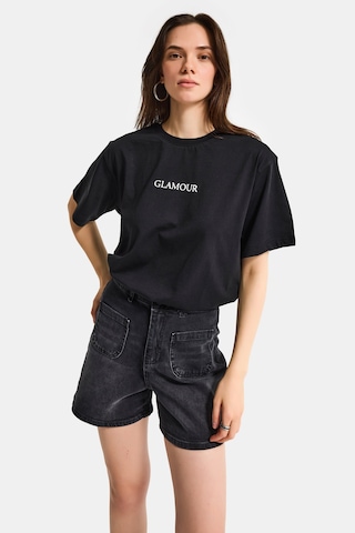 Itsbasic Kadın Siyah S6-1 Oversize Glamour Baskılı %100 Koton T-shirt