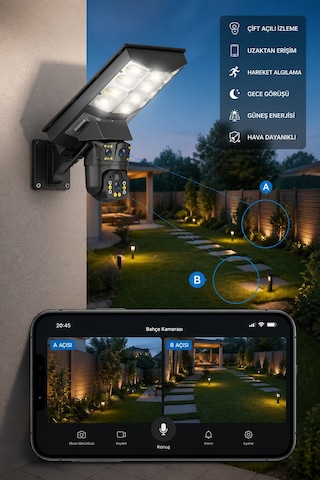 Solar Panelli 20.000 Mah Bataryalı 6mp Full Hd Hareket Sensörlü Sokak Aydınlatmalı Projektör Güvenlik Kamerası