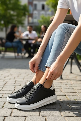 Enoch Kadın Yüksek Tabanlı Ortopedik Sneaker Yürüyüş Ayakkabısı Siyah Beyaz