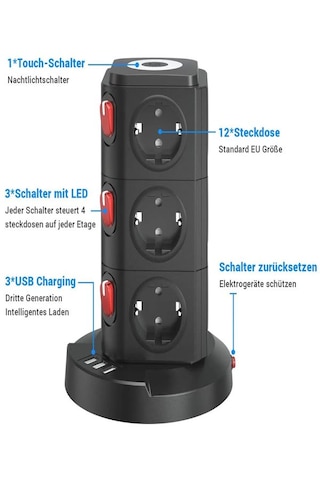 Kule Tipi 3xusb, 12'li Akım Korumalı Priz, Soket 10watt Wireless