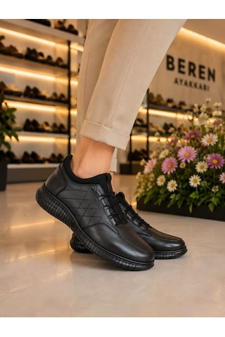 Beren Kadın Siyah Hakiki Deri Ortopedik Taban Lastikli Bağcıksız Geçmeli Konforlu Günlük Casual Ayakkabı