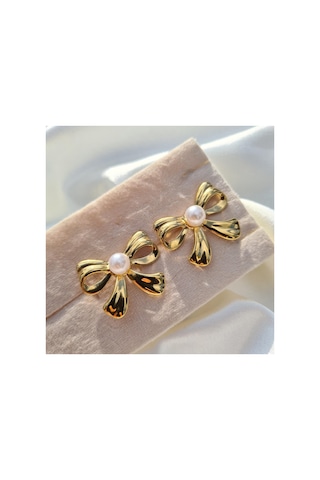 Luxe Pearl Bow Küpe Altın