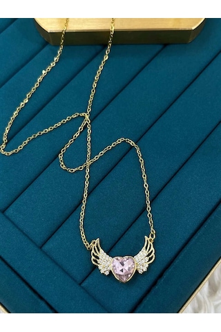Gold Renk Zirkon Taşlı Parlak Büyüleyici Angel Wings Melek Kanadı 316l Çelik Kalp Kolye Gold