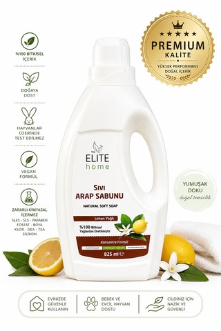 The Elite Home Limon Yağlı Sıvı Arap Sabunu %100 Bitkisel İçerik İle Parfümsüz Temizlik 825 Ml Tekli