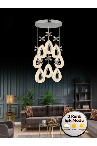 Damla Model 8'li Gümüş 3 Renk Modu Kristal Taşlı Modern Salon Mutfak Oturma Çocuk Odası Led Avize Gümüş