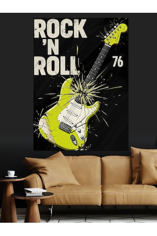 Ahşap Tablo Neon Yeşil Elektrogitar Rock'n Roll Afişi