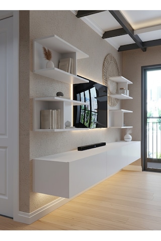 Resital Ledli Duvara Monte Tv Sehpası - Beyaz - W6010-1 Beyaz