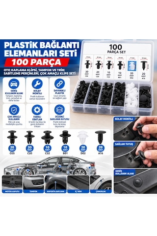 Plastik Bağlantı Elemanları Seti 100 Parça Oto Kaplama Klipsi, Tampon Ve Trim Sabitleme Perçinleri, Çok Amaçlı Klips Seti 7010