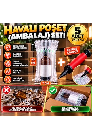 Havalı Poşet Ambalaj Seti Şişe Boyu 27cm Çap 7cm - 5 Adet + Şişirme Aparatı