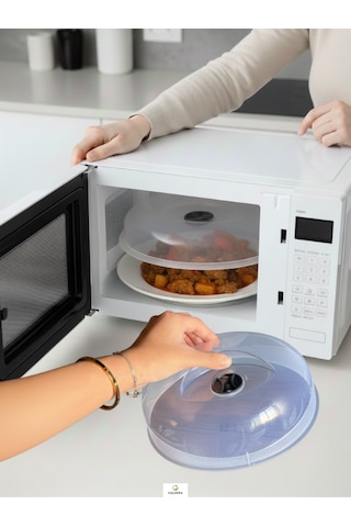 Mikrodalga Fırın Koruma Kapağı 24 Cm Şeffaf Sıçrama Önleyici, Buhar Delikli Isıya Dayanıklı Kapak Beyaz - Şeffaf