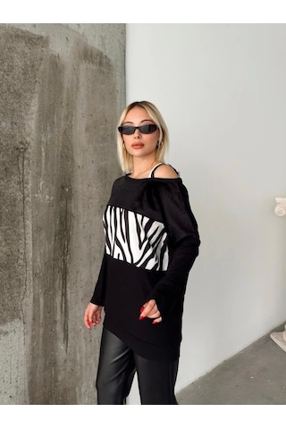 Saklımoda Kadın Kadife Kumaş Zebra Desenli Omuz Detay Uzun Kollu Bluz Zebra