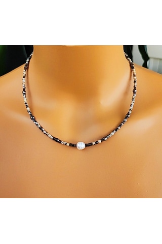 İnci Ceyt Ve Hematit Doğal Taş Kolye Nazar Koruyucu, Enerji Dengeleyici, Şık El Yapımı Kolye Çok renkli