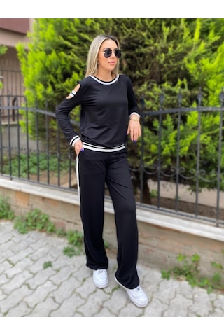 Ge Ticaret Kadın Iki Iplik Penye Kumaş Kol Detaylı Ribanalı Ikili Takım Siyah