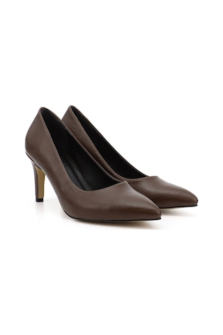 Gönderi R Kahverengi Sivri Burun İnce Ökçe Topuklu Stiletto Kahverengi