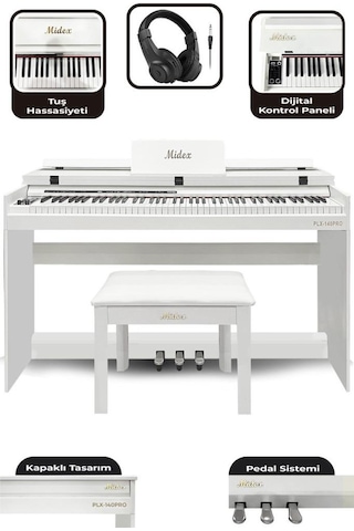 Midex PLX-140 PRO-WH Dijital Piyano Tuş Hassasiyetli Bluetooth 88 Tuşlu Kapaklı +Kulaklık +Tabure