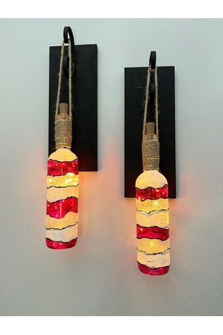 Ahşap Kırmızı Renkli Vitray Cam Şarap Şişesi Duvar Aplik 2'li Kırmızı