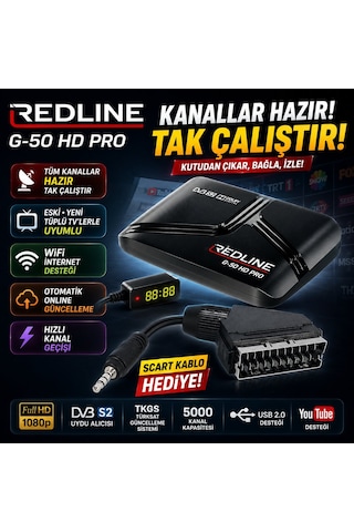 Redline G-50 Hd Pro Full Hd Uydu Alıcısı 2 Adet Kumanda Tkgs Wifi Youtube 5000 Kanal Tak Çalıştır