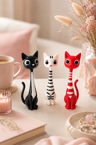 3 Lü Dekoratif Kedi Biblo Seti Sevimli Masa Raf Süsü Mini Figür Hediyelik Obje