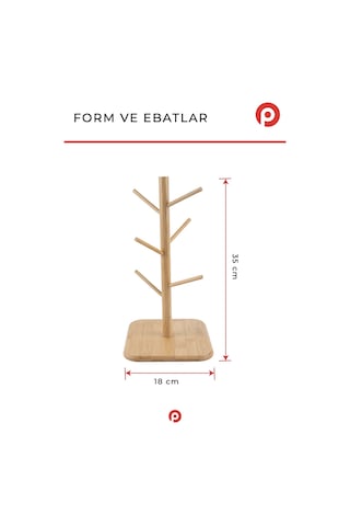 Bambu 6'lı Fincan Askısı Kupa Standı - Mutfak Tezgah Üstü Ahşap Kupa Ağacı Organizer Açık Kahve