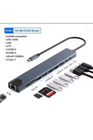 Usb-c Hub 10in1 Hdmı Rj45 Ethernet 100w Pd Usb 3.0 Sd/tf