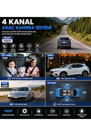 4 Kanal 1080p Araç Kamera Sistemi Ön Arka Sol Sağ Kayıt, 170 Geniş Açı, Gece Görüşü, G-sensör, Park Modu