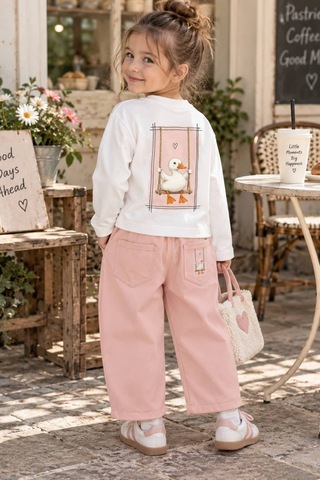 Defy Kız Çocuk Ördek Baskılı Penye Ve Gabardin Pantolon Takım Ekru