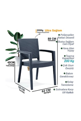 6 Adet Rattan Victor Kollu Sandalye Koltuk A+ Antrasit Renk