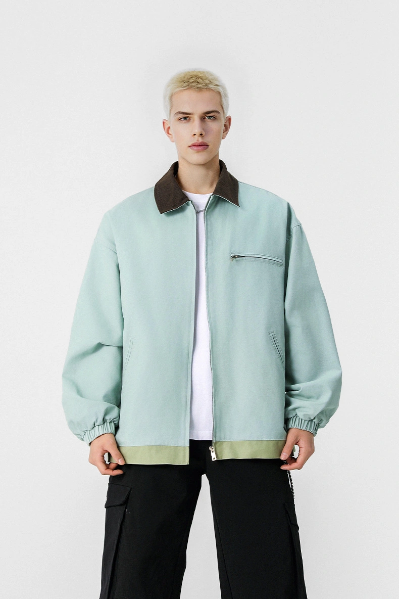 Snapbuy Yıkanmış Denim Ceket, Amerikan Retro Stili, Kontrast Yakalı, Bol Kesim Su Yeşili