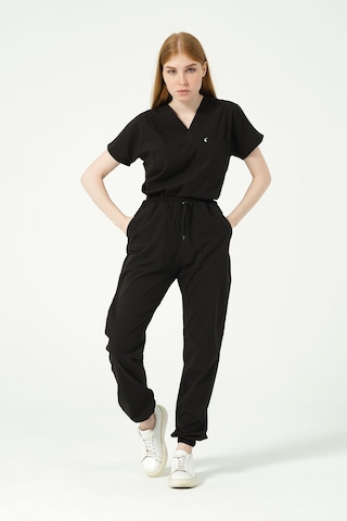 Siyah Likralı Scrubs Jogger Paça Doktor Hemşire Forması Yarasa Kol Takım Unisex