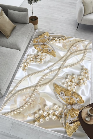 İnci Ve Kelebek Desenli Baskılı Kaymaz Yıkanabilir Salon Oturma Odası Mutfak Halısı Yolluk Gold
