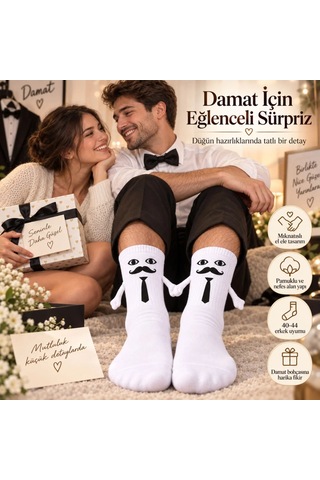 Womanandkids Wak Mıknatıslı Damat Çorabı Erkek Beyaz Bıyık Kravat El Ele Tutuşan Düğün Çeyiz Bohça Eğlenceli Çora