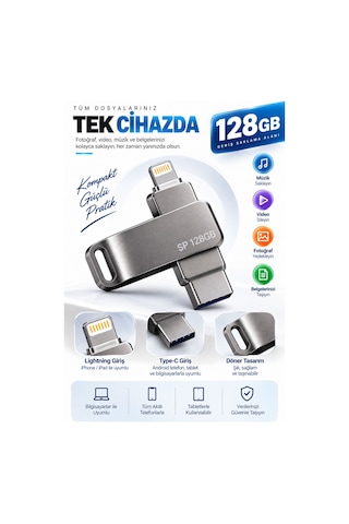 Shnstore Lightning Type C Destekli 128gb Taşınabilir Usb Flash Bellek Fotoğraf Video Ve Dosya Aktarımı Shntknd0720