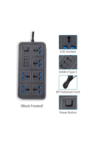 Pazly Siyah 6 Ac Soketli Güç Şeridi, 3 Usb Tip C, 6ft Uzatma Kablosu, Aşırı Gerilim Koruyucu Us Plug Ev/kişisel Kullanım İçin 1.8 M