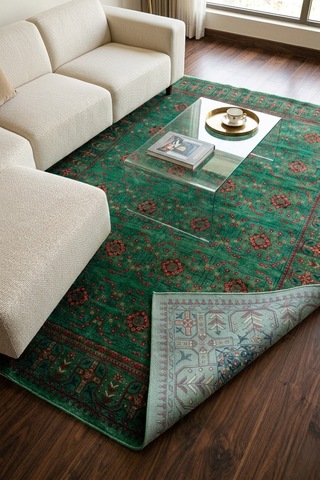 Miras Yeşil Klasik Çiçek Desenli Kalın Dokuma Kilim Halı