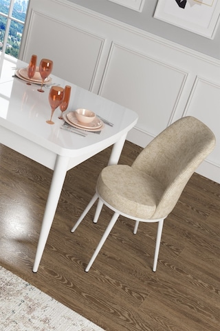 Canisa Concept Zen Serisi 80x132 Mdf Açılabilir Beyaz Mutfak Masası Takımı Ve 6 Krem Sandalye Beyaz