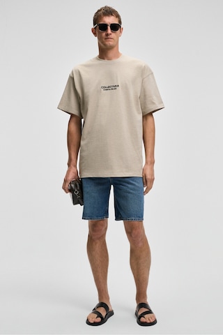 Grimelange COLLECTIVE Erkek Ön Nakış Arka Baskı Detaylı %100 Organik Pamuk Oversize Kısa Kol Taş Rengi T-Shirt