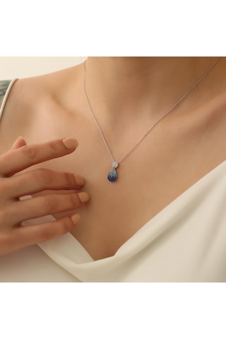 925 Ayar Gümüş Işıltılı Mavi Tonlamalı Drop Kolye