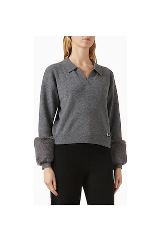 Izaak Azanei Faux Cuff Polo Sweater, Şık Ve Lüks Kadın Yün - Kaşmir Kazak Gri