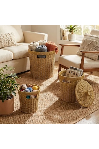 Buffer 3 Lü İç İçe Geçebilen Büyük Plastik Rattan Hasır Sepet Seti-dayanıklı Çok Amaçlı Ev,banyo Ve Mutfak Düzenleyici Kahverengi