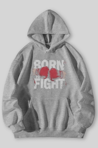 Harmandar Born To Fight Baskılı Unisex Siyah Kanguru Cepli Kapüşonlu Sweatshirt Hoodie Gri