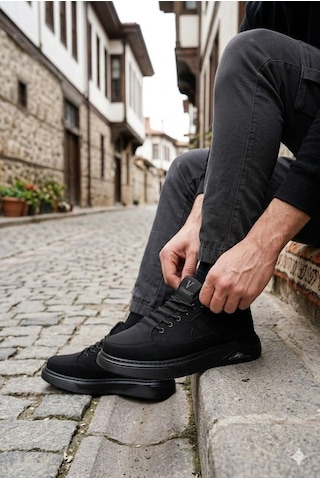 Pepita E327 Rahat Hafif Keten Lastik Bağcıklı Günlük Sneaker Erkek Spor Ayakkabı Siyah